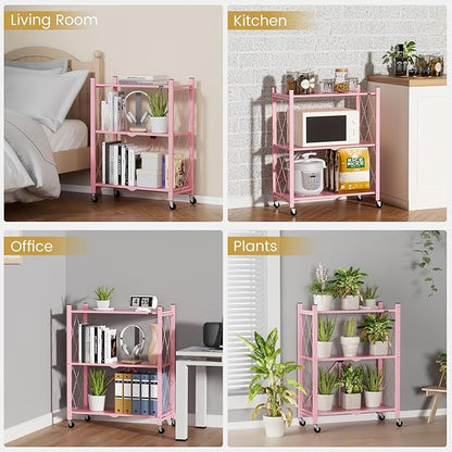 ALANNG Storage Shelves with Wheels, Bookshelf with Storage, No Assembly Metal Rack Shelf for Kitchen, Office, Laundry, Garage (3 Tier, Pink)