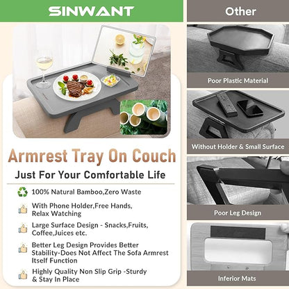 SINWANT Couch Armrest Table,Bamboo Couch Arm Table 360° Phone Holder,Foldable Sofa Arm Tray for Eating Drinking Snacks Remote on Chair Armrest