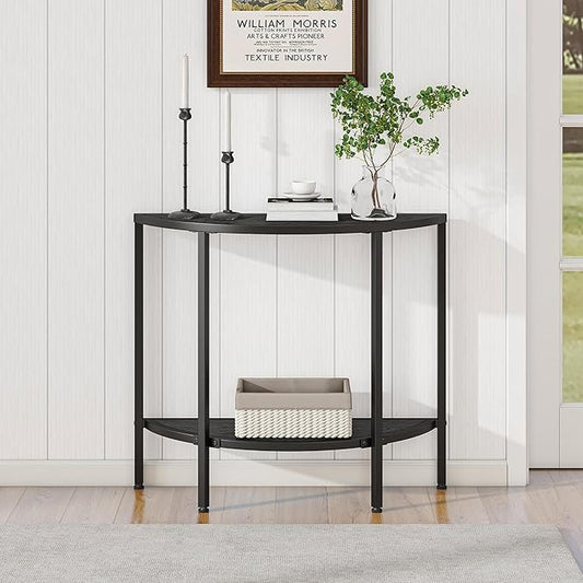 Console Table 2 Tier Narrow Entryway Table with Storage,Half Moon Sofa Couch Table with Metal Frame,Wooden Accent Side Coffee Table for Living Room/Hallway or Small Spaces,Black