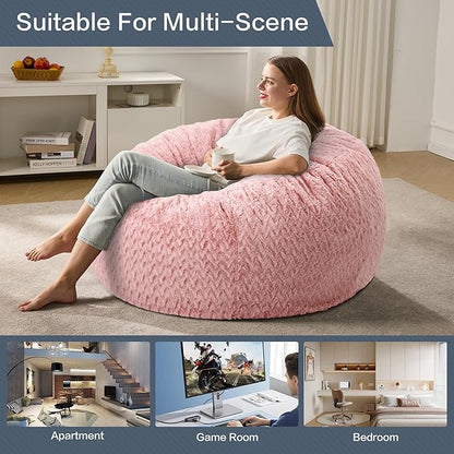 4ft Bean Bag Chairs for Adults Large Beanbag Chair with Chevron Plush Fur Cover Big Bean Bag Chair for Living Room Bedroom Dorm (Pink)