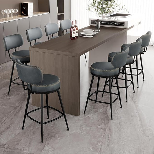 Counter Height Bar Stools, 26" H Swivel Barstools Set of 8, Faux Leather Kitchen Counter Stools with Back and Stylish Stitching, Metal Frame, Pub, Home Bar, Balck Green