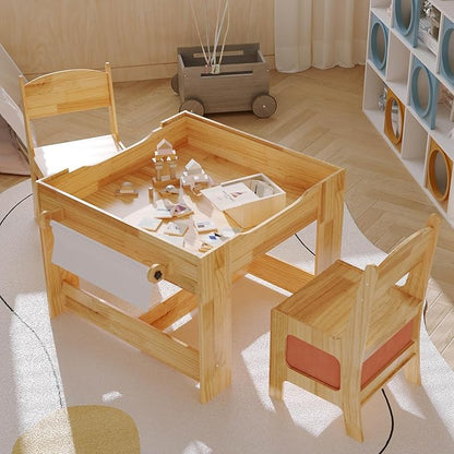 Pinewood Kids Table and Chair Set, 3 in 1 Toddlers Wooden Art Activity Table Desk with Chairs and Storage, Children Removable Tabletop, Blackboard, Natural
