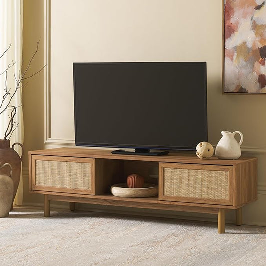 SAFAVIEH Aino TV Stand for up to 60" Flatscreen – Oak Brown, 2 Sliding Doors with Interior Storage, 1 Open Shelf, Entertainment Media Console (MED9619D)