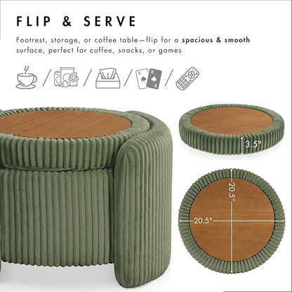 Furniture of America Lennox Modern Chenille 25-inch Round Storage Ottoman with Reversible Flip Top, Upholstered Footstool for Living Room, Bedroom, Entryway, Green