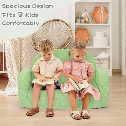 Extra Wide Kids Couch, 2-in-1 Soft Toddler Couch with Blanket, Comfy Toddler Chair, Convertible Sofa to Lounger, Gifts for Kids Girl Boys, Green