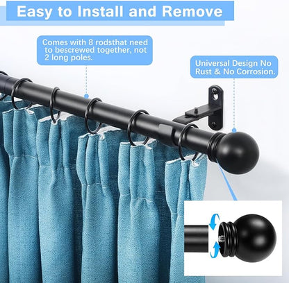 Curtain Rods for Windows 16 to 120 Inches, Curtain Rod Max Adjustable Length of 132 IN, 1" Diameter Drapery Rods Round Finials, Black, Pack of 1
