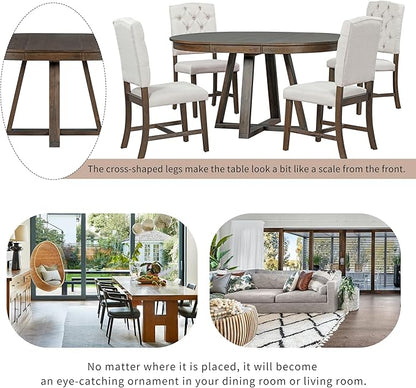 5 Pieces Dining Table Set with 42" Table,Living Room Furniture W/ 4 Upholstered Chairs,Tabletop Can be Adjusted from Round to Oval in Shape,for Restaurant,Home Bistro,Walnut