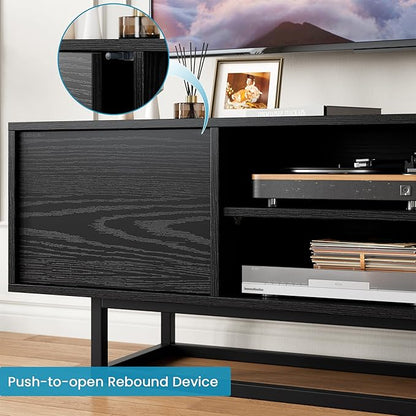 HAIOOU TV Stand for 50 55 Inch TV, Modern TV Console Small Entertainment Center with Sturdy Metal Base, Push-to-Open Doors and Soft-Close Hinges for Living Room, Bedroom - Wood Grain Black