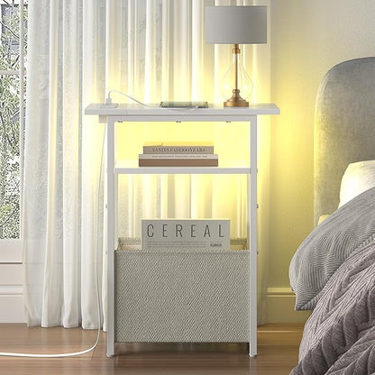 Narrow Side Table with Charging Station, LED End Table Set of 2 for Small Spaces, Skinny Nightstands Set 2 with Storage Basket, 3 Tier Sofa Bedside Tables for Living Room,Bedroom, White