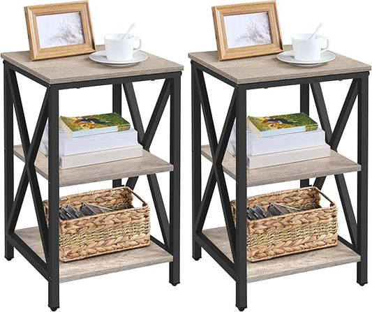 Yaheetech Industrial End Tables Set of 2, 3-Tier Side Tables with Storage Shelves for Living Room, X Design Sofa Tables, Strong Metal Frame, Easy Assembly, 16x16x24.5 in, Gray