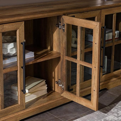 Walker Edison Farmhouse Barn Glass Door Wood Universal TV Stand for TV's up to 64" Flat Screen Living Room Storage Cabinet Doors and Shelves Entertainment Center, 58 Inch, Rustic Oak