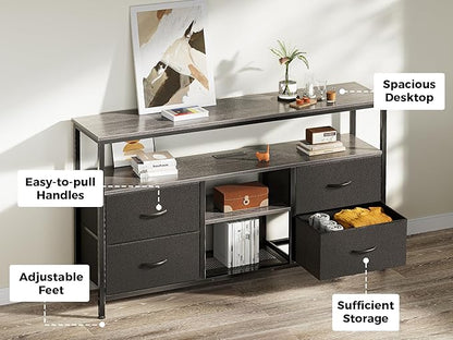 Huuger 47 Inch TV Stand Dresser with Power Outlets and LED Lights, 4 Drawers Entertainment Center with Open Shelf, Media Console for 55 50 Inch TV, Dresser with PU Finish, Grey and Black