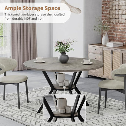 Round Dinner Table for 4, 42 Inch Kitchen & Dining Room Table with Storage, Wooden Circle Dining Table, Mid Century Modern Dining Table with Metal Legs for Kitchen, Living Room, Dining Room, Grey