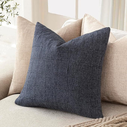 Foindtower Set of 2 Decorative Linen Check Throw Pillow Covers Neutral Farmhouse Vintage Cushion Covers Modern Boho Home Decor for Sofa Chair Couch Bedroom Living Room Outdoor,20×20 Inch,Navy Blue
