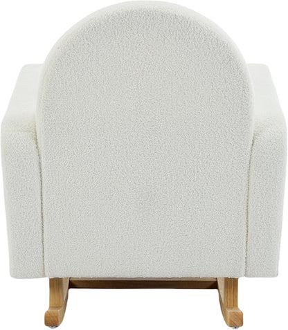 Christopher Knight Home Kiin Wooden Rocking Chair Indoor with Curved Back, Teddy Upholstered Rockers with Pillow, Comfy Accent Chair with Armrest for Bedroom, Living Room, Offices, Cream White