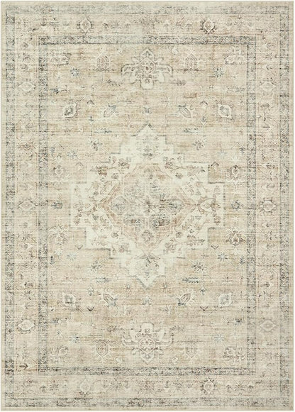 LIVEBOX Washable Area Rug 5x7 Rugs for Living Room Bedroom, Non-Slip Boho Neutral Carpet for Dining Room Office, Low-Pile Farmhouse Soft Carpets for Kids Nursery Room Playroom, Tan