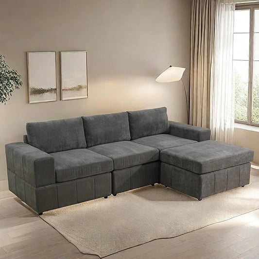 Sectional Couches for Living Room, 102″ Modular Sectional Sofa with Ottoman, Modern Small L Shaped Couch with Chaise for Bedroom, Brown