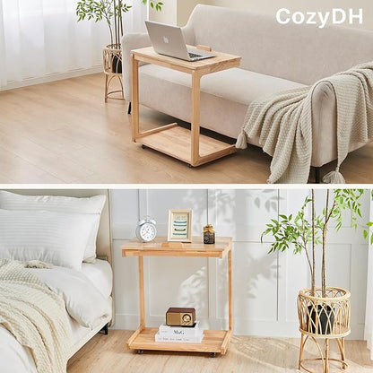 CozyDH Adjustable C Shaped End Table, Solid Wood Rolling Side Table, TV Sofa Tray Table for Couch Arm Eating Multi-Purpose, Small Coffee Table with Wheels Living Room Bedroom, Natural