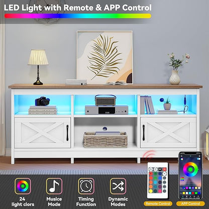 DWVO TV Stand for up to 65 Inch TV, Entertainment Center with Storage, TV Cabinet with Power Outlet & LED Light Strip, Media Console Television Stands for Living Room, White & Walnut