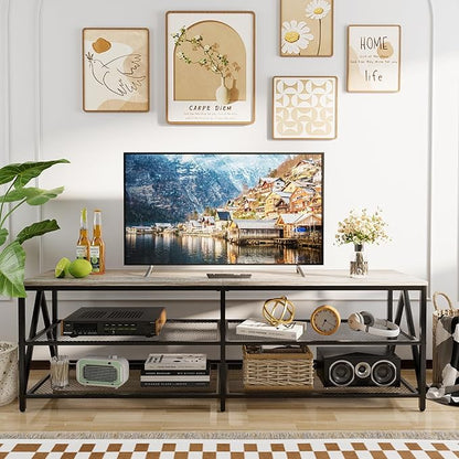TV Stand for TVs up to 70 Inch, 63" Long Industrial TV Console Table with 3-Tier Storage Shelves, Entertainment Center for Living Room, Bedroom (Gray)