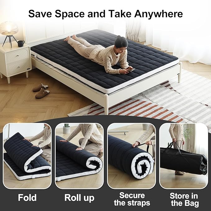 Tiita Japanese Floor Mattress, 4” Thicken Futon Mattress with Storage Bag and 2 Straps，Queen Size Sleeping Tatami Mat for Adults，Black