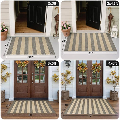OJIA Tan Washable Outdoor Rug 3'x5', Fall Front Door Mat Outside Entrance Cotton Woven Halloween Doormat Indoor Outdoor Rugs Striped Entryway Rugs Small Outdoor Door Mats for Porch Patio Kitchen Entry