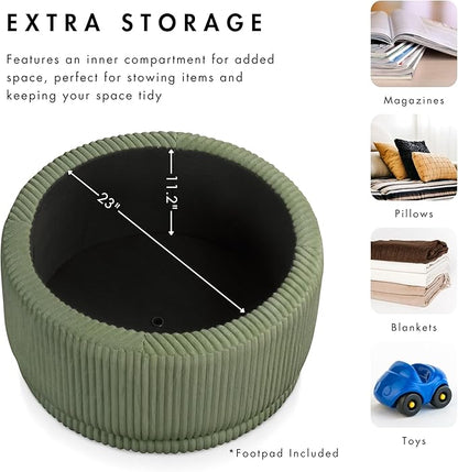 Furniture of America Lennox Modern Chenille 29-inch Round Storage Ottoman with Flip Top, Upholstered Footstool, Circle Coffee Table for Living Room, Bedroom, Entryway, Green