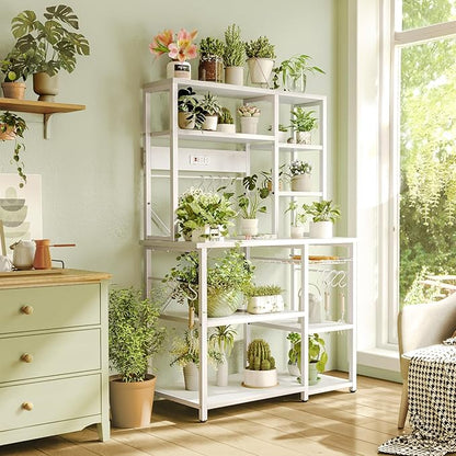 SUPERJARE Large Bakers Rack with Power Outlets, 6-Tier Microwave Stand, Coffee Bar with 12 S-Shaped Hooks, Kitchen Shelf with Wire Basket, 39.3 x 15.5 x 66.9 Inches, White