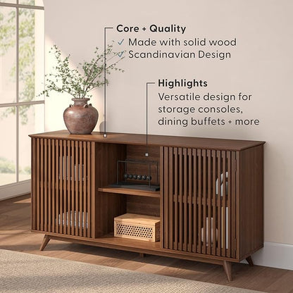 Plank+Beam Mid-Century Modern Wood TV Stand, Solid Wood Entertainment Console with Storage, 59" L x 16" W x 30" H, Walnut
