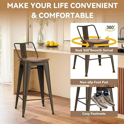 26 Inch Swivel Bar Stools Set of 4 with Backs Counter Height Industrial Metal Barstools Island Bar Chairs for Home Kitchen Dining Room (Swivel 26 inch,Rusty Wooden)