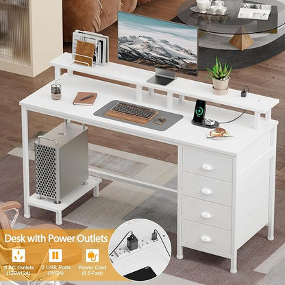 Furologee 47" White Computer Desk with 4 Fabric Drawers & Monitor Stand, Gaming Desk with Power Outlets - LED Lights, Home Office Space-Saving Study Table for Bedroom Small Spaces