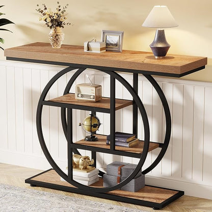 Tribesigns 41.3" Console Table, Industrial 4-Tier Sofa Table Entryway Table with Circle Base, Narrow Wood Accent Tables with Storage Shelves for Living Room, Hallway, Foyer, Light Brown