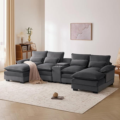 Merax U-Shaped Sectional Sofa with Cupholders, Console and USB Charging Ports, 6-seat Velvet Upholstered Sleeper Couch with Symmetrical Chaise for Living Room, Apartment, 123", Gray