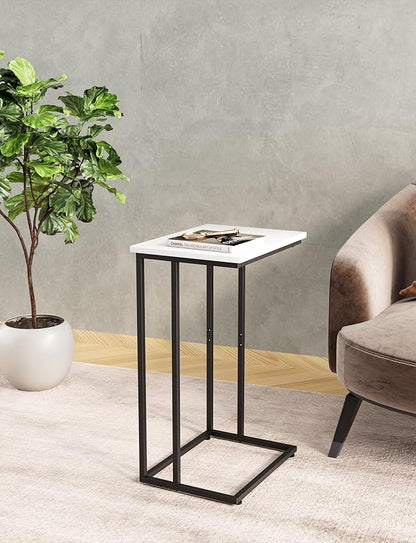 Innerjoin Wide C Side Table,C Couch Laptop Table with Metal Frames, Small Snack End for Sofa and Bed, Retro Table, Living Room Bedroom, Industrial Style, White