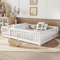 Queen Size Floor Bed Frame with Slats and Safety Guardrail, Wood Queen Size Montessori Floor Bed with Door and Fence, Easy Assemble Montessori Beds for Kids, Girls, Boys, White