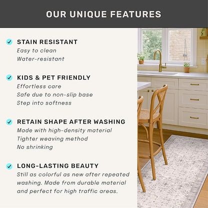 Light Grey Boho Bathroom Rug 2x3 - Modern Vintage Eclectic Floral Pastel Neutral Taupe, Washable Low Pile Non-Slip Small Throw Area Rugs for Entryway Door Mat Indoor Entrance, Kitchen