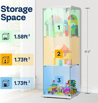 VIVOHOME 3 Layers 15.7''W x 15.7''D x 47.2''H Glass Display Cabinet Countertop Showcase with Lock, 5mm Tempered Glass 25mm MDF Base