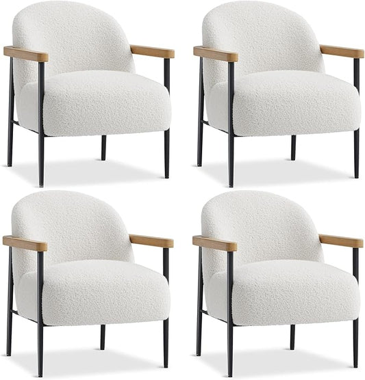 Garvee Modern Accent Chair Set of 4, White Comfy Chair with Teddy Fabric, Wood Arms, Metal Frame & Adjustable Feet, Mid Century Modern Chair for Living Room,Bedroom, Office, Set of 4
