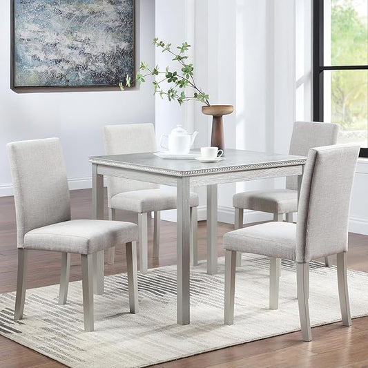 KEIKI 5-Piece Standard Height Dining Table Set with Square Table and 4 Upholstered Chair, for 4 Person, Classic Crystal Decoration Wood Table Set, Easy Assembly, for Kitchen, Dining Room, Silver Grey