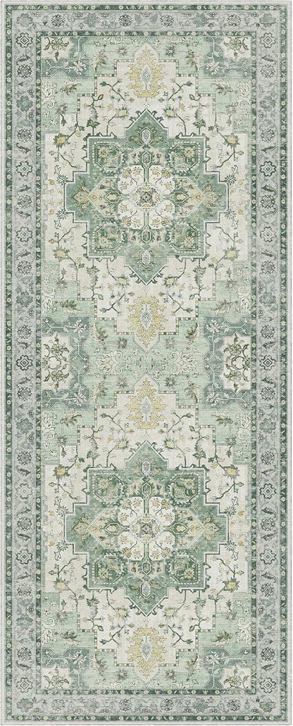 GENIMO 3x5 Area Rugs for Living Room, Machine Washable Non Slip Vintage Rugs, Low Pile Lightweight Chenille Print Rug for Bedroom, Dining Room, Home Office, Green