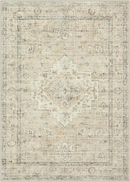 LIVEBOX Washable Area Rug 10x14 Rugs for Living Room Bedroom, Non-Slip Boho Neutral Carpet for Dining Room Office, Low-Pile Farmhouse Soft Carpets for Kids Nursery Room Playroom, Tan