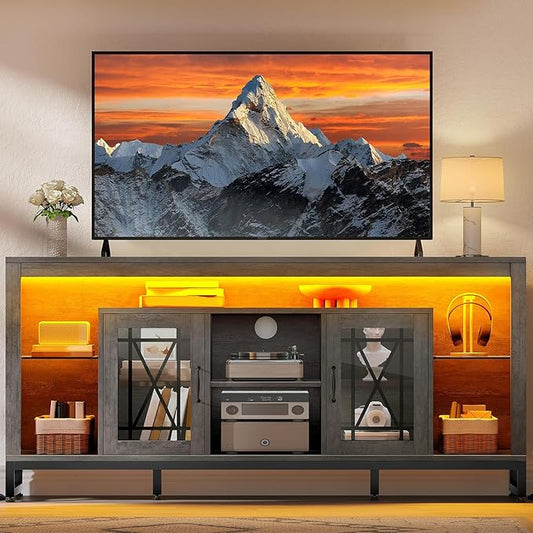 YITAHOME 33.5'' Tall TV Stand for 75 inch TV, LED Entertainment Center with Storage, Grey TV Stands for Living Room with Acrylic Doors & Power Outlets, Tall TV Console Cabinet, Grey