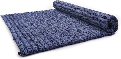 Leewadee - Foldable Floor Mattress - Japanese Roll Up Futon -Trifold Tatami Mat- Guest Floor Bed - Camping Mattress - Thai Massage Mat, Kapok Filled, 75 x 57 inches, Blue White