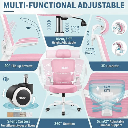 FelixKing Ergonomic Office Chair, Headrest Desk Chair Office Chair with Adjustable Lumbar Support, Home Office Swivel Task Chair with High Back and Armrest, Adjustable Height Gaming Chair(Pink)