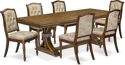 LEMA7-AWA-36 7 Pieces Dining Room Set Consists of a Rectangular Modern Dining Table and 6 Light Beige Polyester Fabric Kitchen Chairs, Antique Walnut Finish