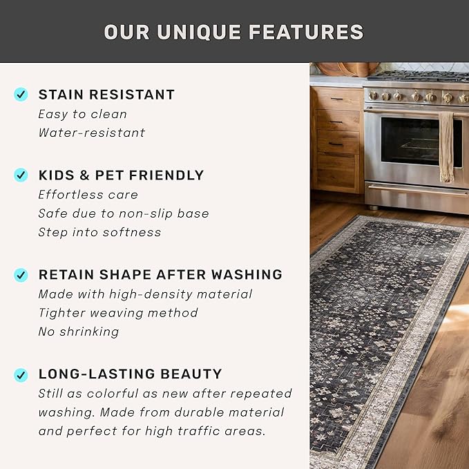 Black 2x4 Entryway Runner Rugs, Small Runners for Kitchen, Door Mat Indoor Entrance, Bathroom, Non-Slip Low-Pile Washable Stain Resistant, Vintage Ashen Charcoal Floral Decor