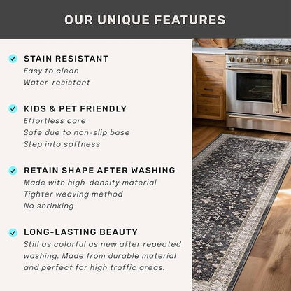 Boho Dining Room Rugs for Under Table - Washable Black Area Rug for Living Room, Low Pile Non-Slip Rugs for Bedroom, Office - Charming Geometric Decor & Stain Resistance - 6x8 Black/Multi