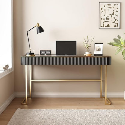 Lartis Modern Office Desk with Drawers,Glass Top Makeup Vanity Without Mirror Built-in USB Outlet Dressing Table Home Office Desk with Intelligent Socket,Very Easy to Assemble
