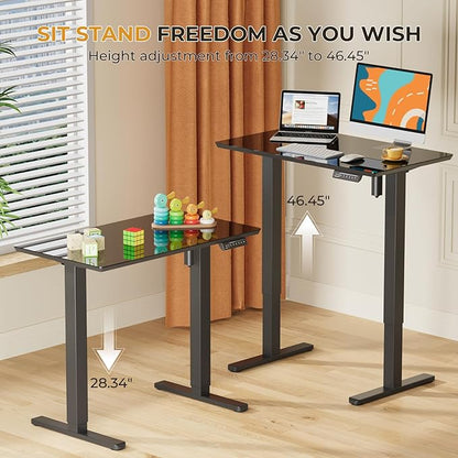 JOY worker Small Glass Standing Desk, 35" x 20" Electric Whole Piece Height Adjustable Desk with 4 Lockable Casters, Mobile White Sit to Stand Workstation for Home Office, Black