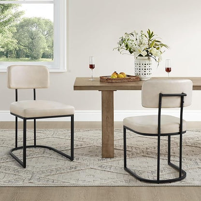 Dining Chairs Set of 4, Upholstered Modern Kitchen Chairs with Ergonomic Backrest, Faux Leather Cushion Seat & Metal Legs for Living Room, Restaurant, and Café, Beige, 2 Boxs